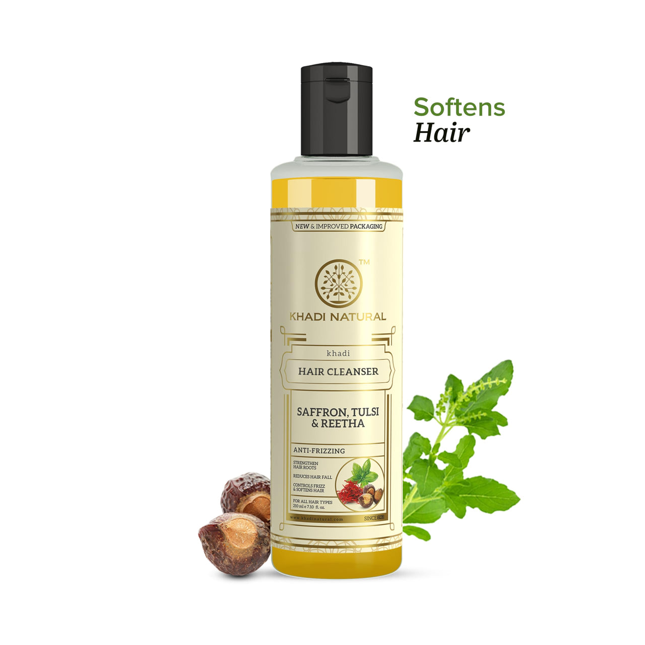 Khadi Natural Saffron, Tulsi & Reetha Hair Cleanser | Dandruff-Free, Thick Hair Care | Strengthens Roots, Adds Volume | No Sulphates | For all hair types | 210 ml