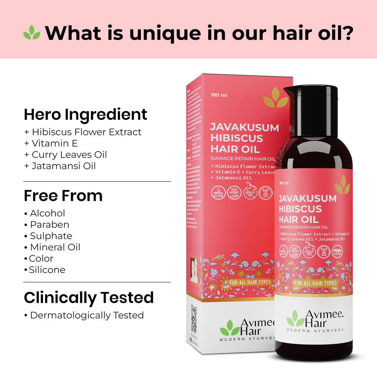 Avimee Herbal Javakusum Hibiscus Hair Oil | For Soft & Silky Texture | Loaded with Vitamin C, Flavonoids, Amino Acids, Mucilage Fiber, and Antioxidants | 100 mL