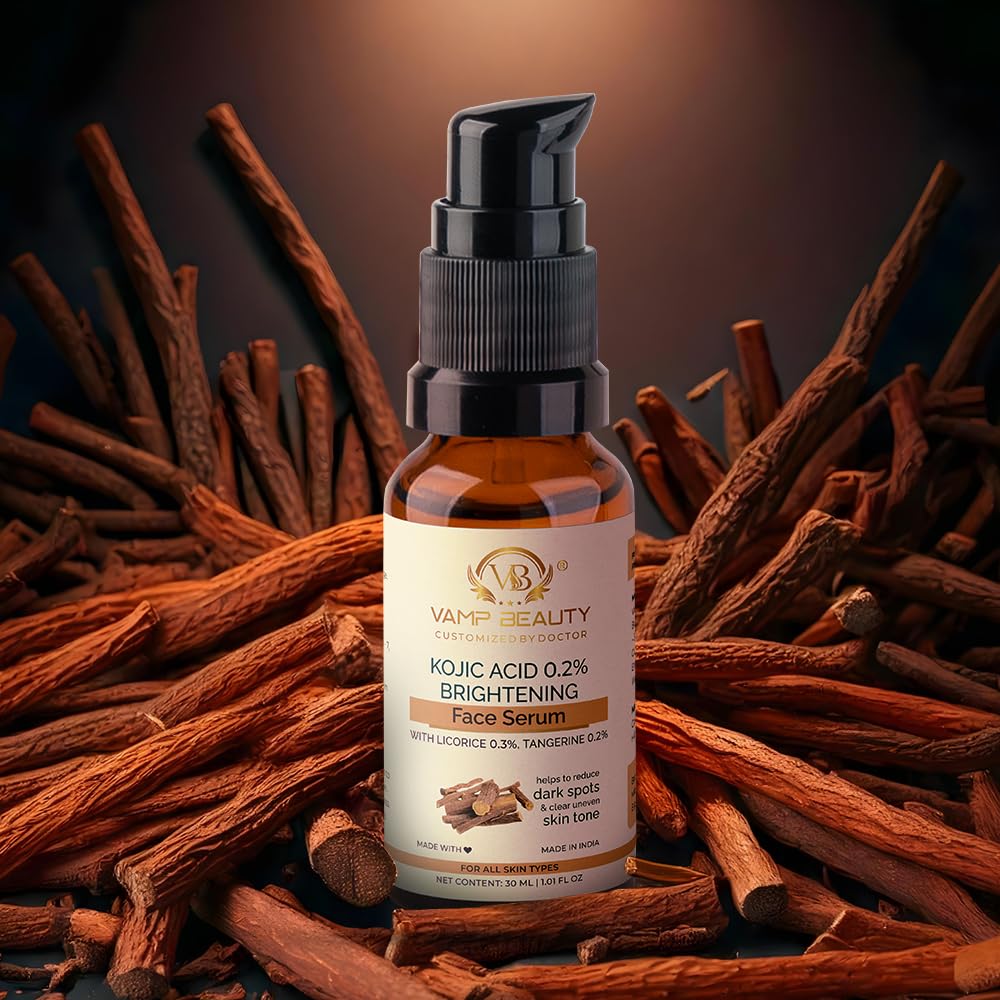 Vamp Beauty Kojic Acid 0.2% Brightening Face Serum | With Licorice 0.3% & Tangerine 0.2% | Reduces Dark Spots & Pigmentation | For Glowing Skin & Even Tone | All Skin Types | 30ml