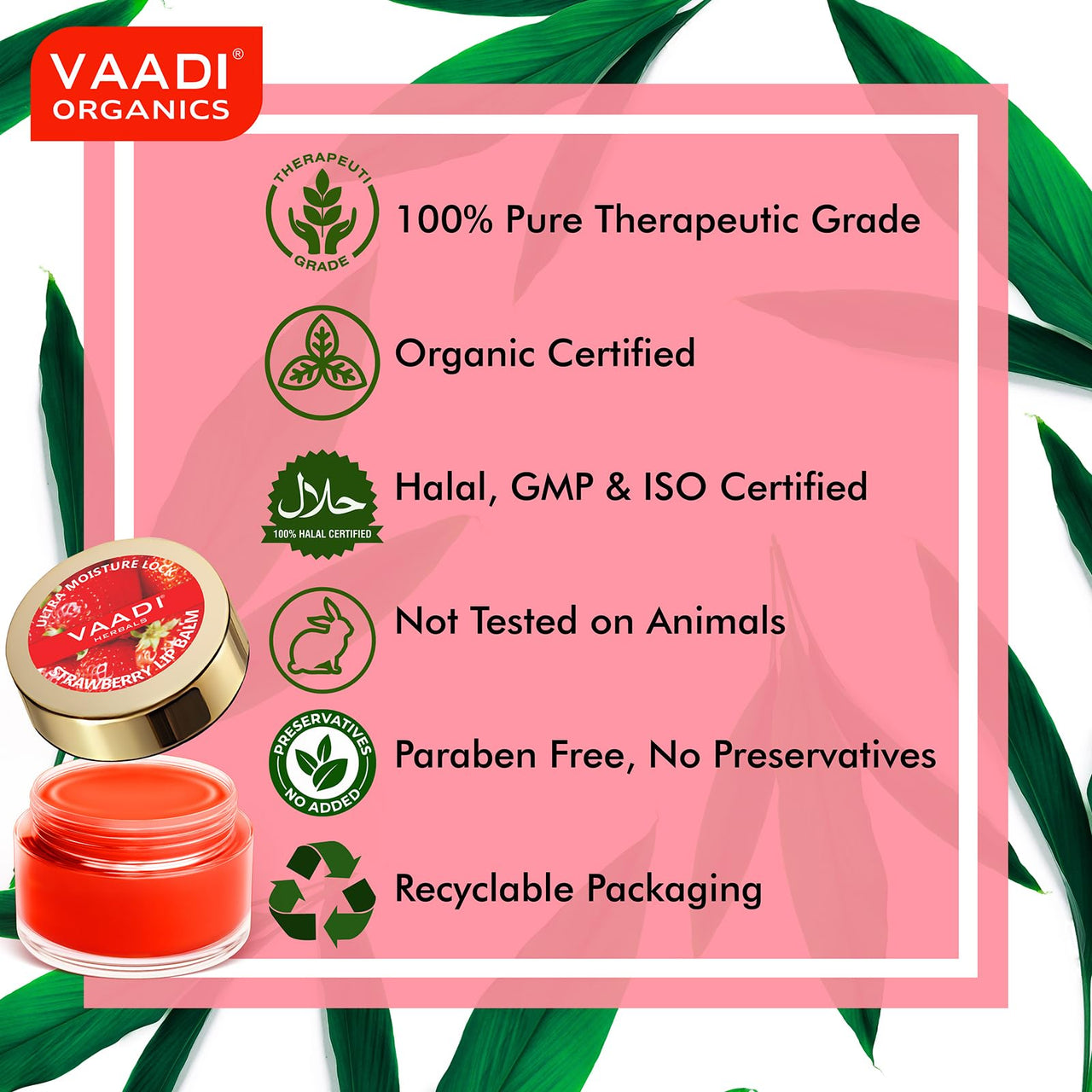 Vaadi Herbals Lip Balm, Strawberry And Honey, 10g (Pack Of 4)