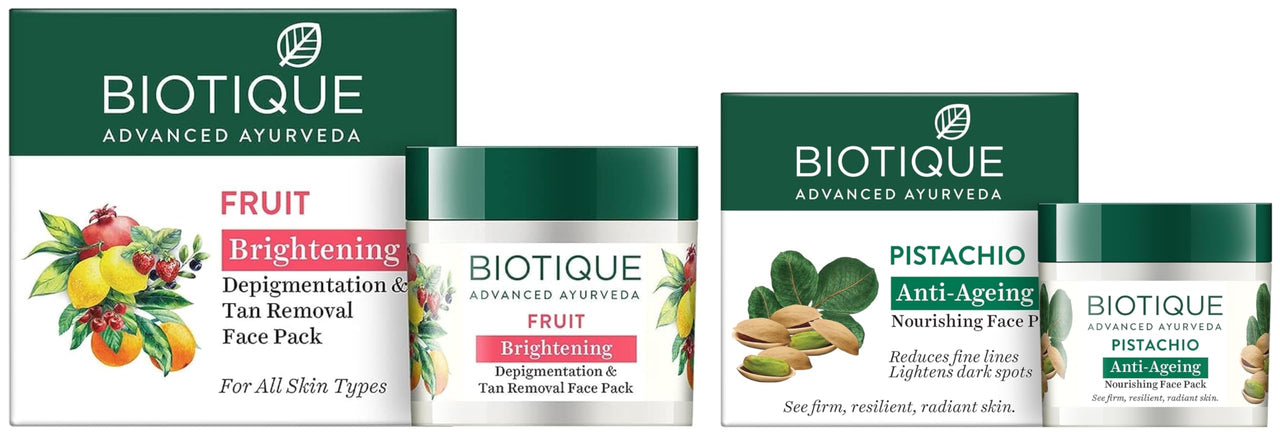 Biotique Bio Pistachio Ageless Nourishing and Revitalizing Face Pack for All Skin Types, 50g&Biotique Fruit Brightening Depigmentation & Tan Removal Face Pack For All Skin Types, 75gm