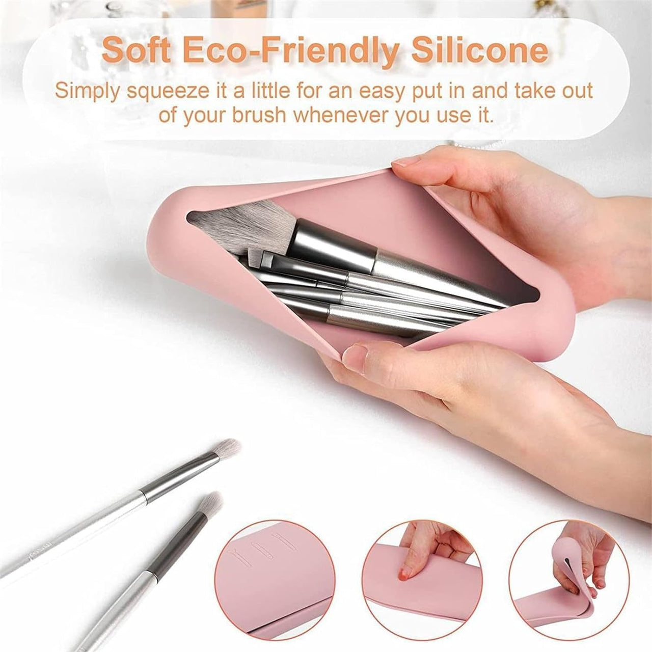TS WITH TECHSUN Silicone Makeup Brush Holder, Beauty Storage Case Organiser for Makeup Face Brushes & Cosmetics, Magnetic Anti-Fall Out, Soft & Sleek Makeup Tools Organizer for Travel (Light Pink)