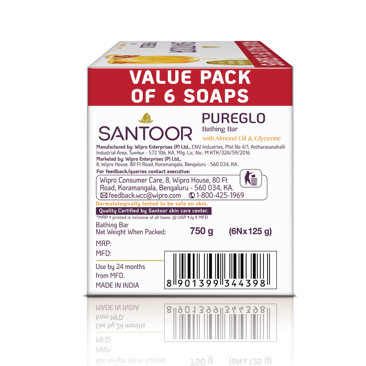 Santoor PureGlo Glycerine Bath Soap with Almond Oil for moisturized, nourished and shining Skin, Combo Offer 125g Pack of 12