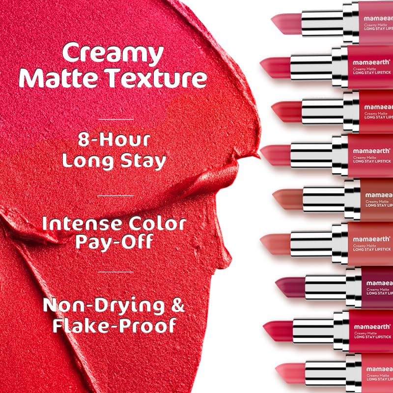 Mamaearth Creamy Matte Long Stay Lipstick with Murumuru Butter and Vitamin E for 8-Hour Long Stay (Flakeproof & Non-Drying | Intense Color Payoff) - 4.2g (Ruby Crush)