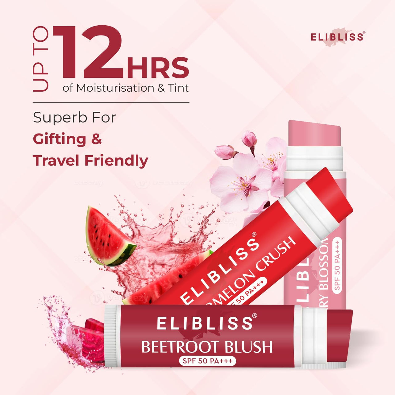 Elibliss Luscious 3 in 1 Tinted Lip Balm 5g Each | SPF 50 PA+++ | Beetroot Blush, Watermelon Crush, Cherry Blossom Glow | Enriched with Shea, Cocoa & Mango Butter | Smooth, Soft Naturally Tinted Lips