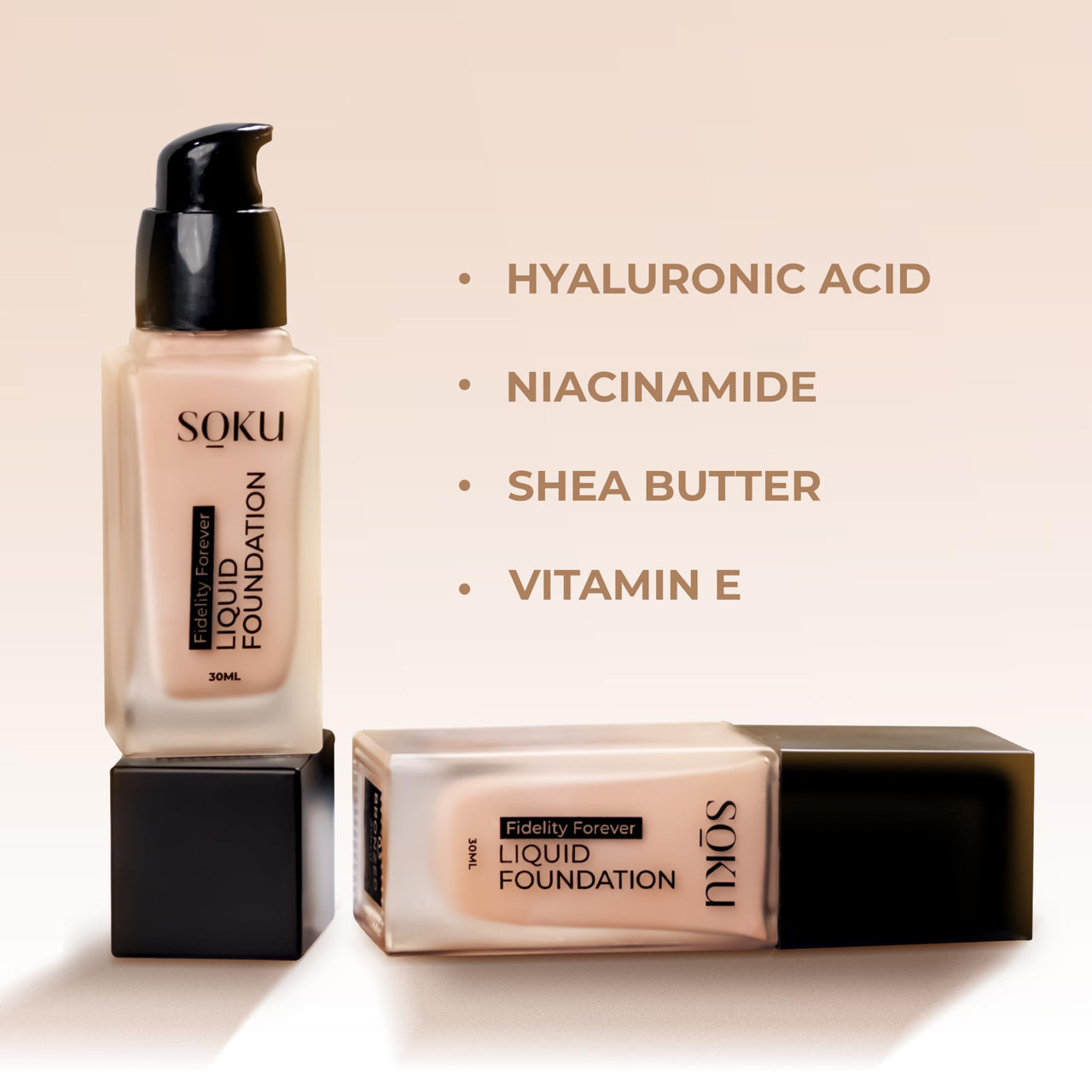 SOKU Fidelity Forever Liquid Buildable Coverage Foundation | With Shea Butter & Vitamin E | For All Skin Types | Satin Finish, Long-Lasting with a Silky Texture (Cameo-01) - 30ml