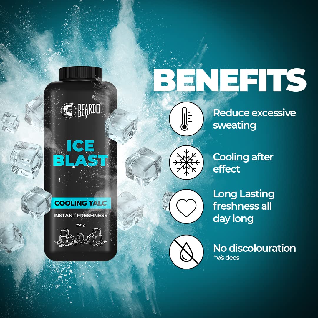 Beardo Ice Blast Talc Powder for men, 100g | INSTANT ICY COOLING Talcum Powder Men | Combat heat with Menthol | Goodness of Aloe vera & Vitamin E for Instant Freshness