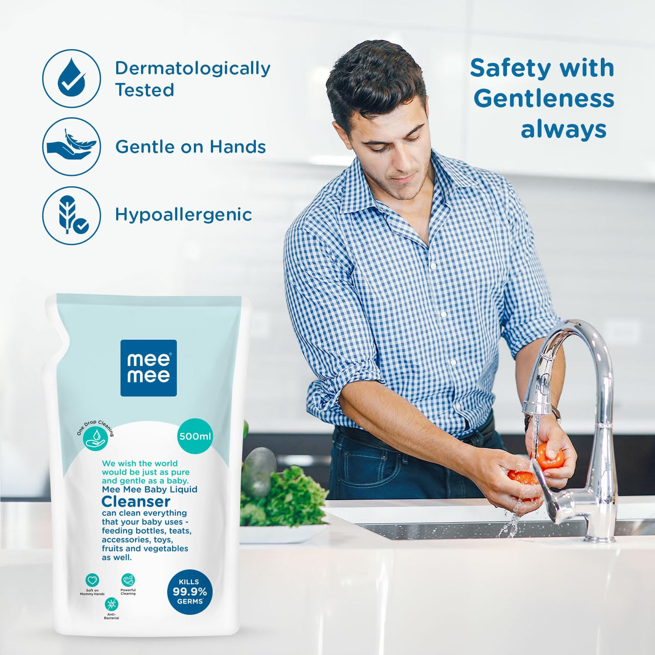 Mee Mee Baby Liquid Cleanser 500ml, Anti-Bacterial Kills 99.9% Germs | For Baby Bottles, Nipples, Accessories, Toys, Fruits & Vegetables | No Alcohol, One Drop Cleaning, Dermatologically Tested