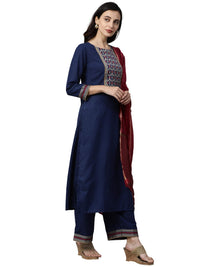 INDO ERA Women's  Pure Cotton Yoke Design Straight Kurta Palazzo with Dupatta Set(Navy Bue_IE26KD4NB1771_XS to 2XL-Size)
