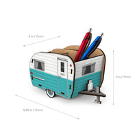 HAPPY CAMPER Vintage Camper Pencil Holder, White and Blue, Retro Desk Organizer- Great Gift for Coworkers and Travel Enthusiasts - Functional Desk & Cubicle Accessory Happy Camper
