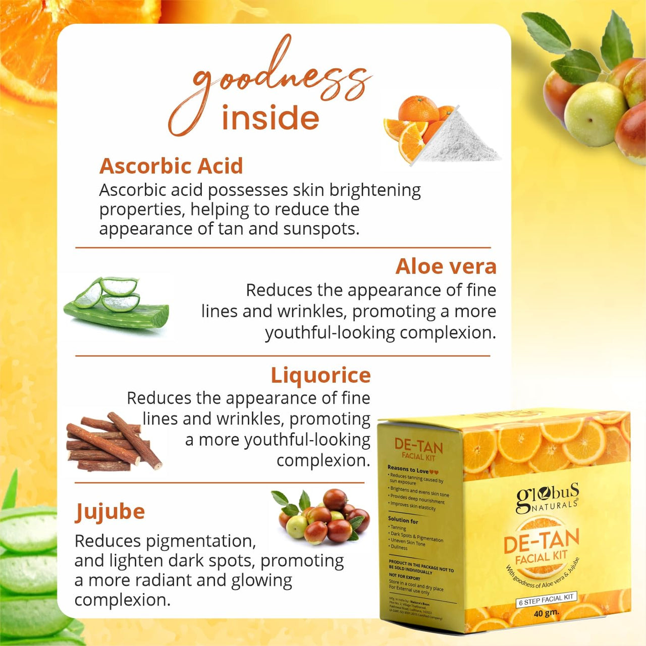 Globus Naturals De Tan Face Wash & Facial Kit Combo, Tan Removal Formula, For All Skin Types