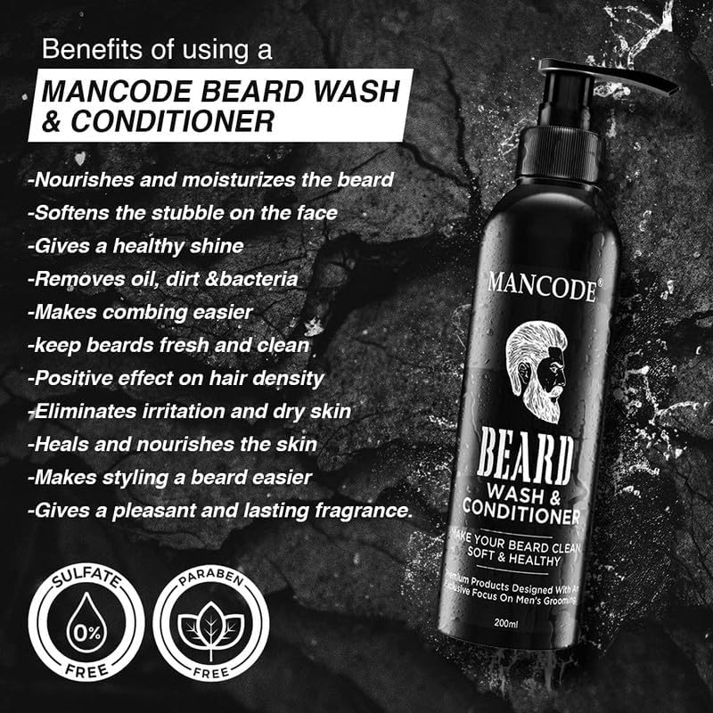 Mancode Beard Wash & Conditioner - 200ml | Conditions & Cleans Beard Mustache | Blended with Licorice, Vitamin C & Aloe vera | Natural & Organic Beard Shampoo for Men (Pack of 1)