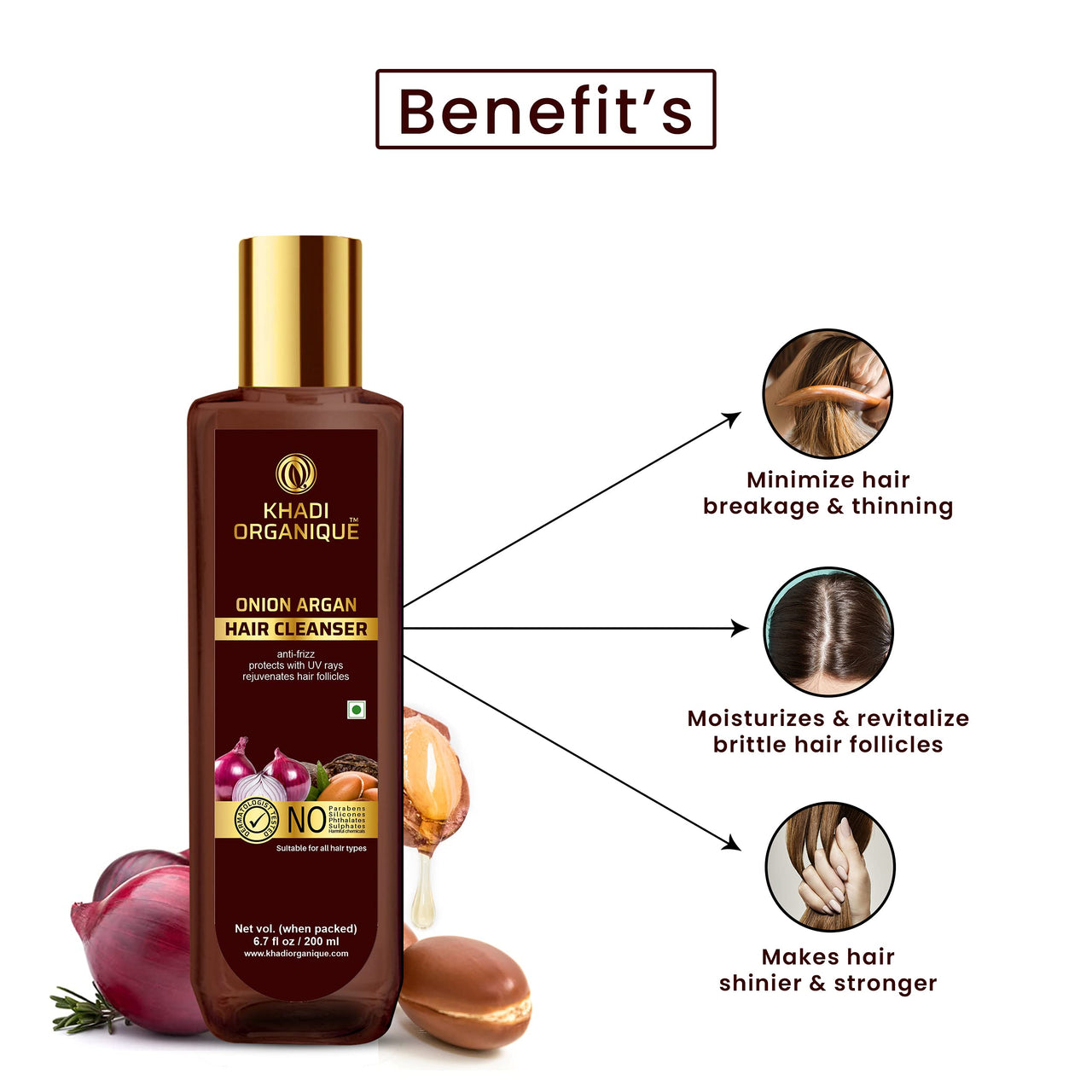 Khadi Organique Onion Argan Hair Cleanser Anti-frizz Protects With UV Rays Rejuvenates Hair Follicles 200 ML (Pack of 1)