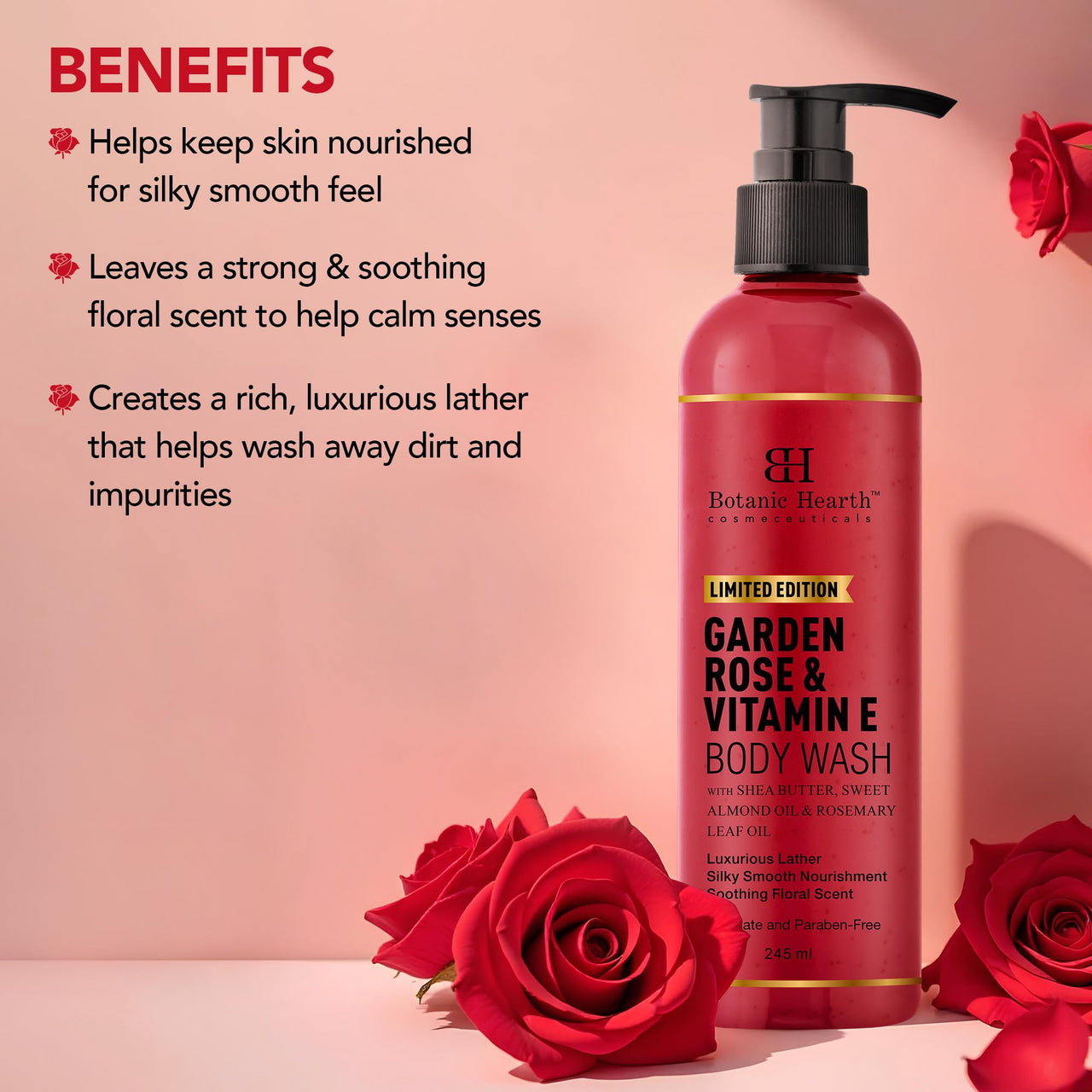 Botanic Hearth Garden Rose Body Wash with Shea Butter & Vitamin E | Moisturizing Body Wash Shower Gel for Softer, Smoother Skin | Sulfate & Paraben Free | for Women & Men | 245ml