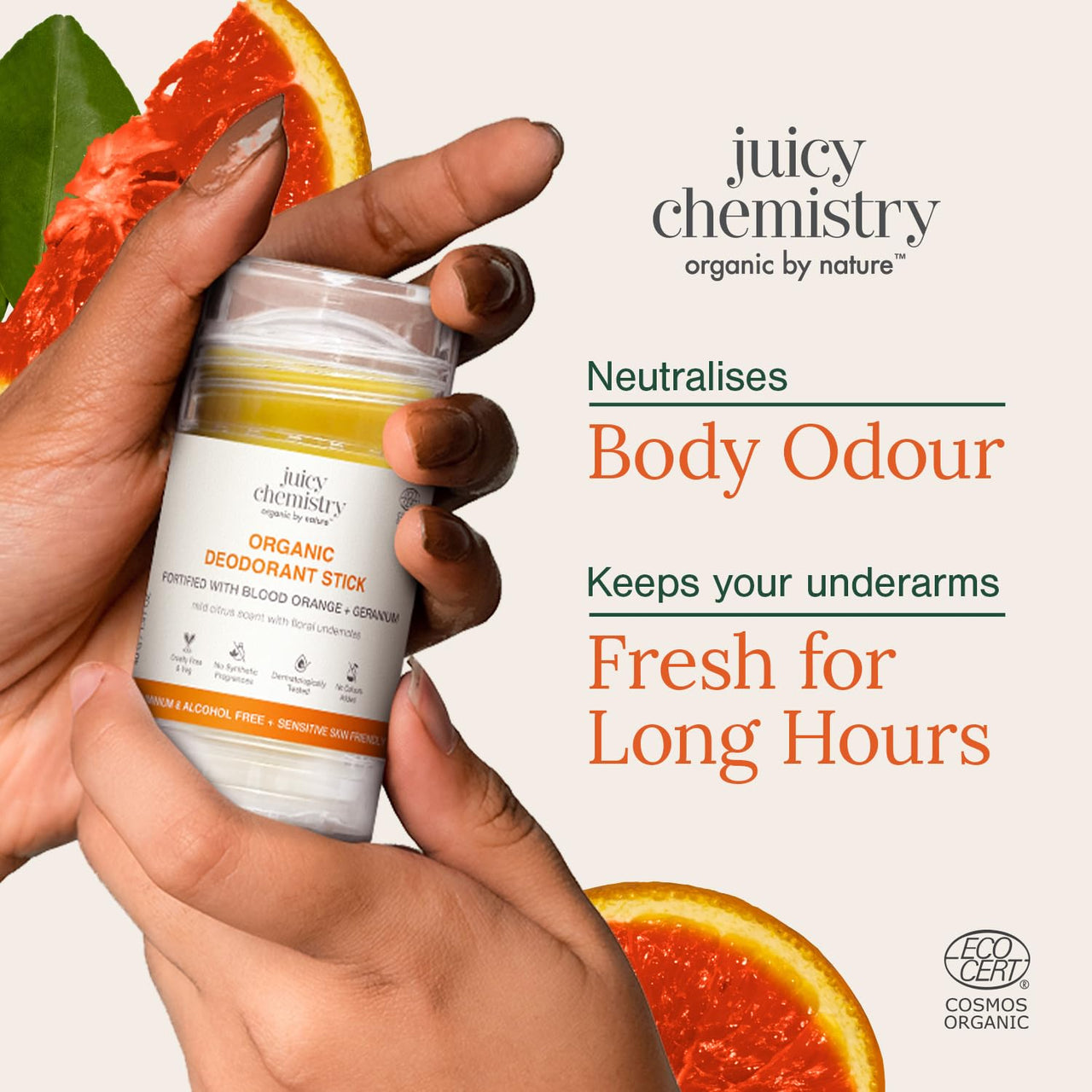 Juicy Chemistry Organic Deodorant Stick, 40g | Underarm Roll On Deo for Women & Men | Brightening Deo & Body Perfume | Reduces Pigmentation | Long-Lasting Citrus Fragrance | Safe for Sensitive Skin