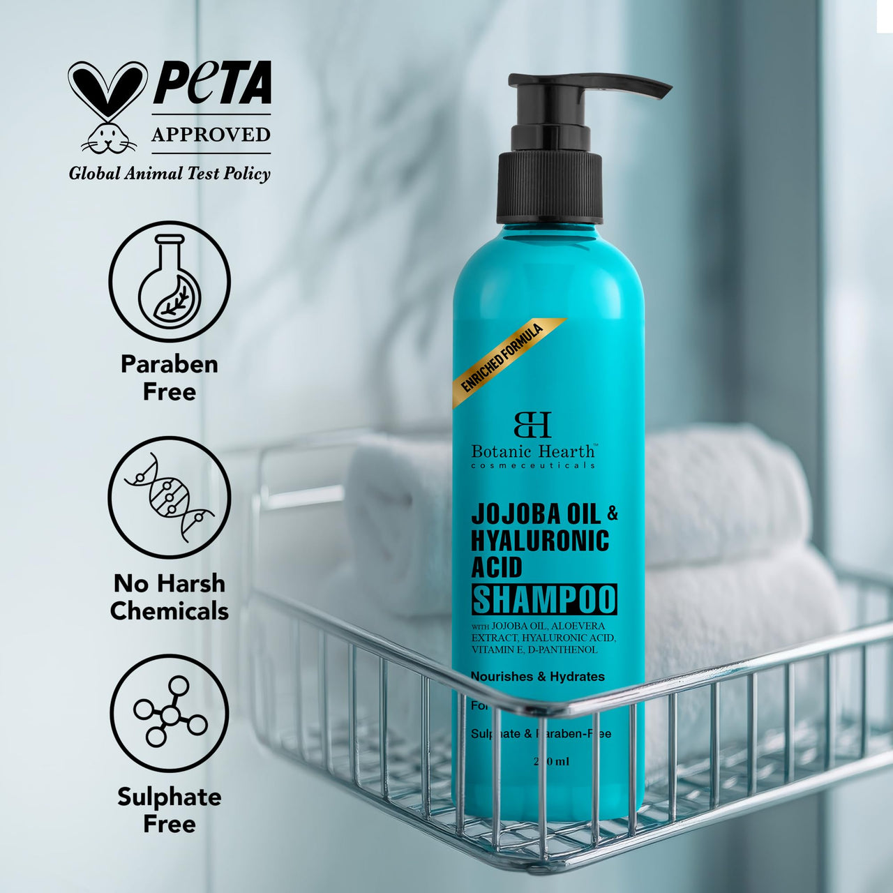 Botanic Hearth Jojoba & Hyaluronic Acid Shampoo with 100% Pure Jojoba Oil & Aloe Extracts | Hydrates Hair & Adds Shine | For Dry & Dehydrated Hair | Shampoo for Women and Men | Sulphate & Paraben Free | 200 ml