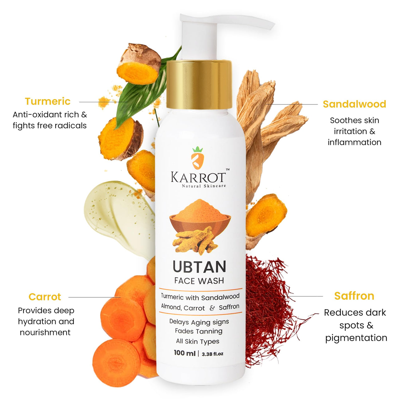 Karrot Natural Skincare Ubtan Detan Face Wash, Fades Tanning and Promotes Youthfulness, Turmeric with Sandalwood, Almond, Carrot and Saffron, Ideal for Men and Women, 100 ml