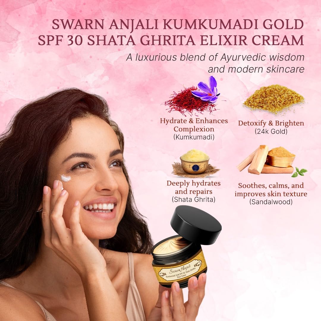 Herbs & Greens Kumkumadi Gold SPF 30 PA ++++ Shata Ghrita Elixir Face Cream with Precious Herbs, Desi Cow Ghee, 24k Gold, and SPF 30 for Collagen Boost, Radiant and Nourished Skin | Day Moisturizer With Sunscreen For Woman & Men | All Skin Types | 50gm