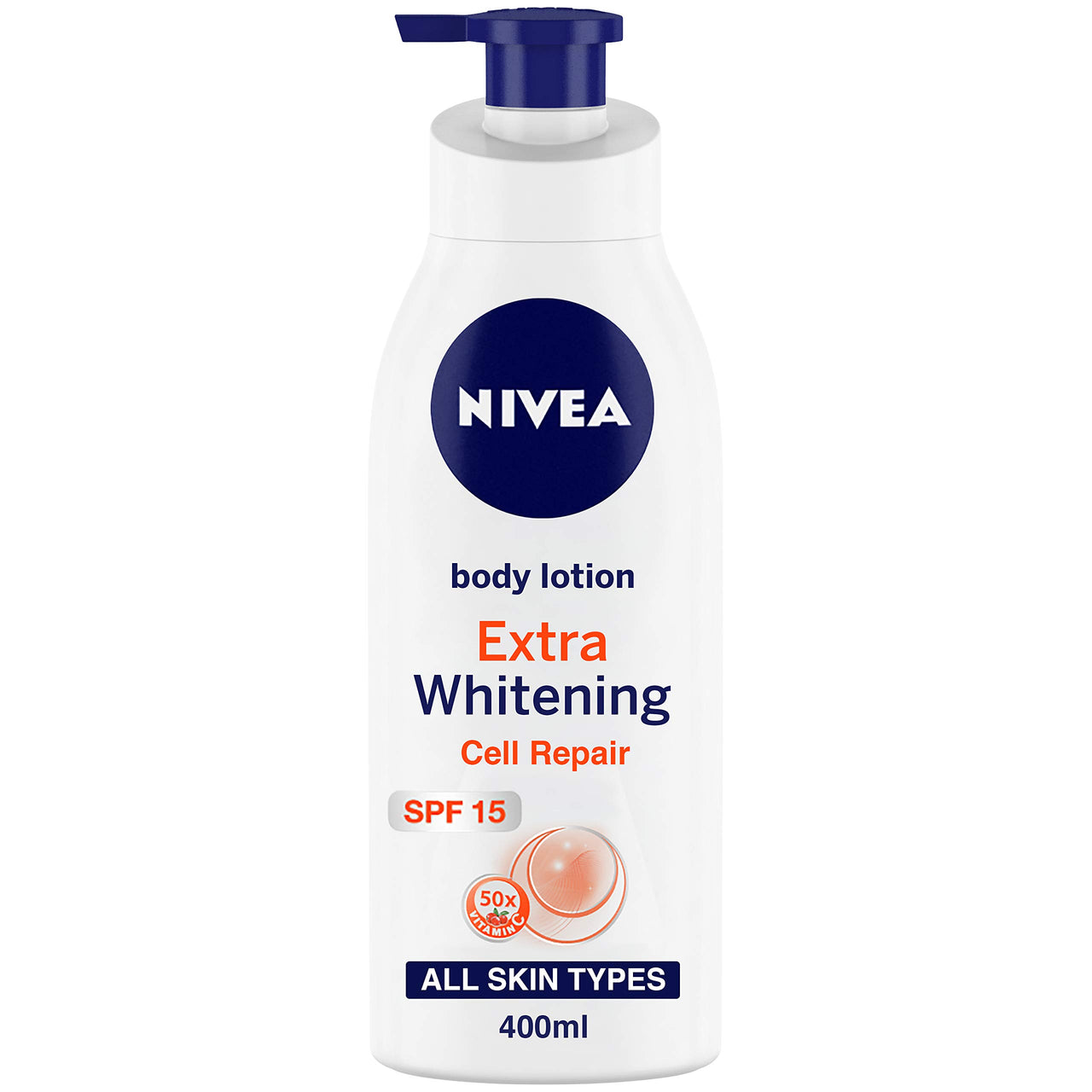 Nivea Body Lotion, Extra Whitening Cell Repair SPF 15, For All Skin Types, 400ml & Lip Balm, Original Care, 4.8g