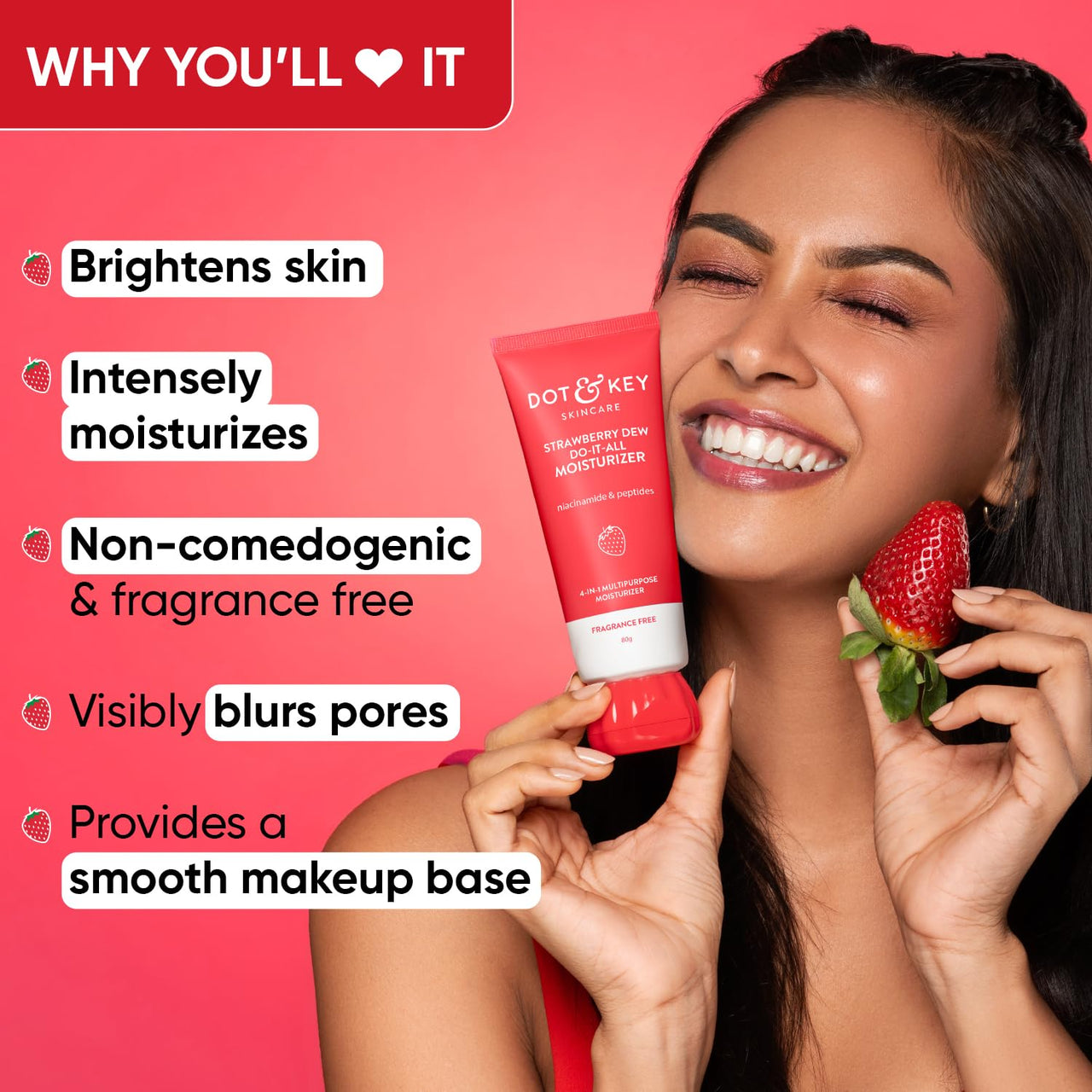 Dot & Key Strawberry Brightening Moisturizer | Niacinamide, Peptides & Hyaluronic Acid, Non-sticky, Brightens Skin, Intense Moisturization | Non-Comedogenic & Fragrance Free, Lightweight | 80g