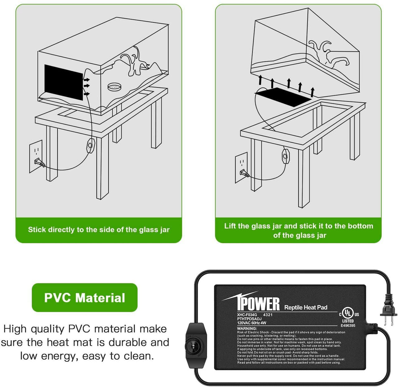 iPower 4 by 7-Inch 4 Watts Reptile Heating Mat with Temperature Controller Under Tank Warmer Terrarium Heat Pad for Reptiles and Amphibians, Black 4" x 7" Black/Heat Pad With Adjust Knob