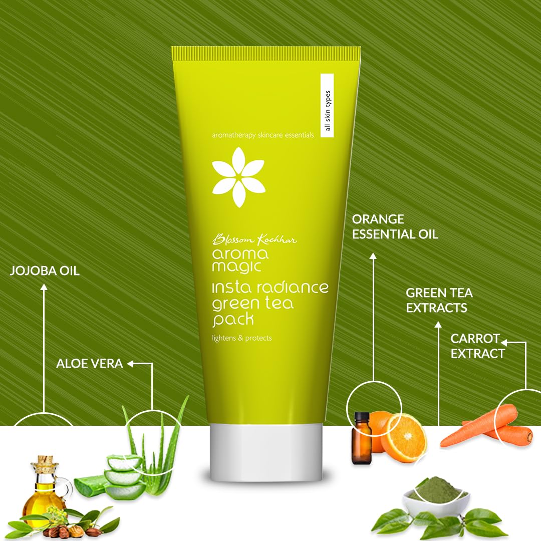 Aroma Magic INSTA Radiance Green Tea Pack orange & lemon Essential Oils | Blend of fruit enzymes | For Lighten Blemishes| Hydrates & Protect | for Men & Women | ALL Skin Types | 100gm Pack of 1
