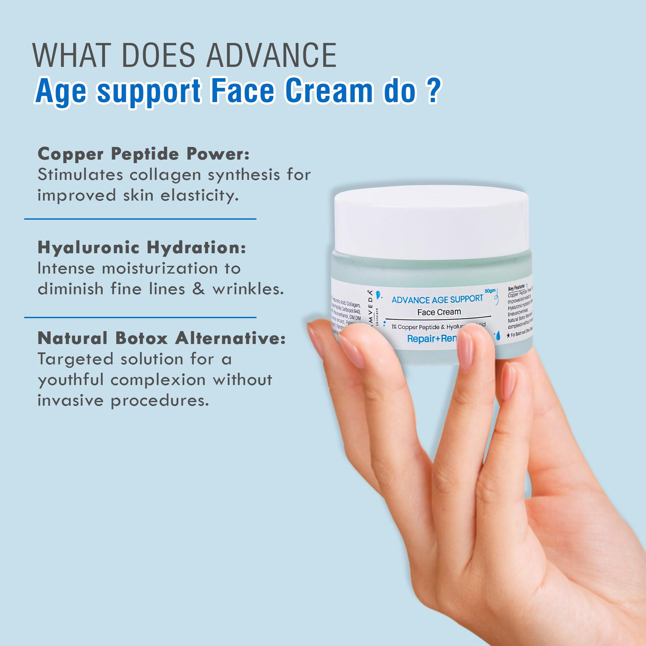 Glamveda 1% Copper Peptide & Hyaluronic Acid Face Cream | Reduces Fine Lines & Wrinkles Face Cream | Deep Moisturizing Face Cream | For All Skin Types, Men & Women - 50gm