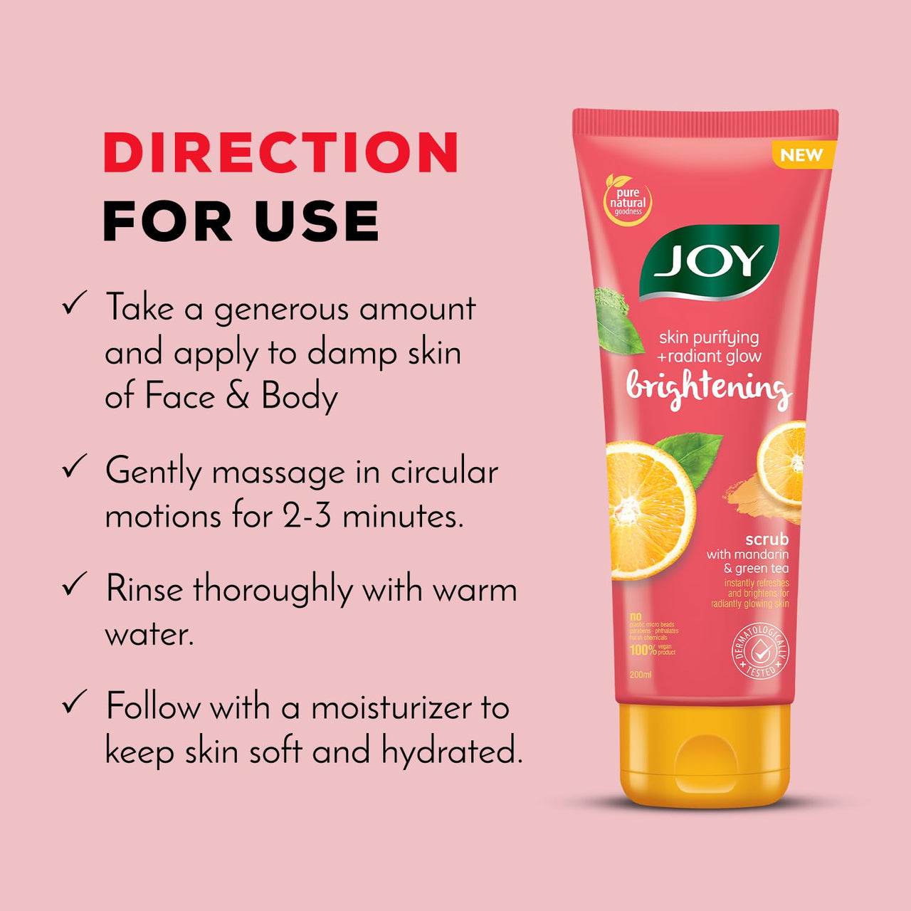 Joy Mandarin & Green Tea Face & Body Scrub for Glowing Skin (200gm) | Exfoliating Scrub with Vitamin C, Brightens & Refreshes All Skin Types | 100% Vegan & Gentle on Skin