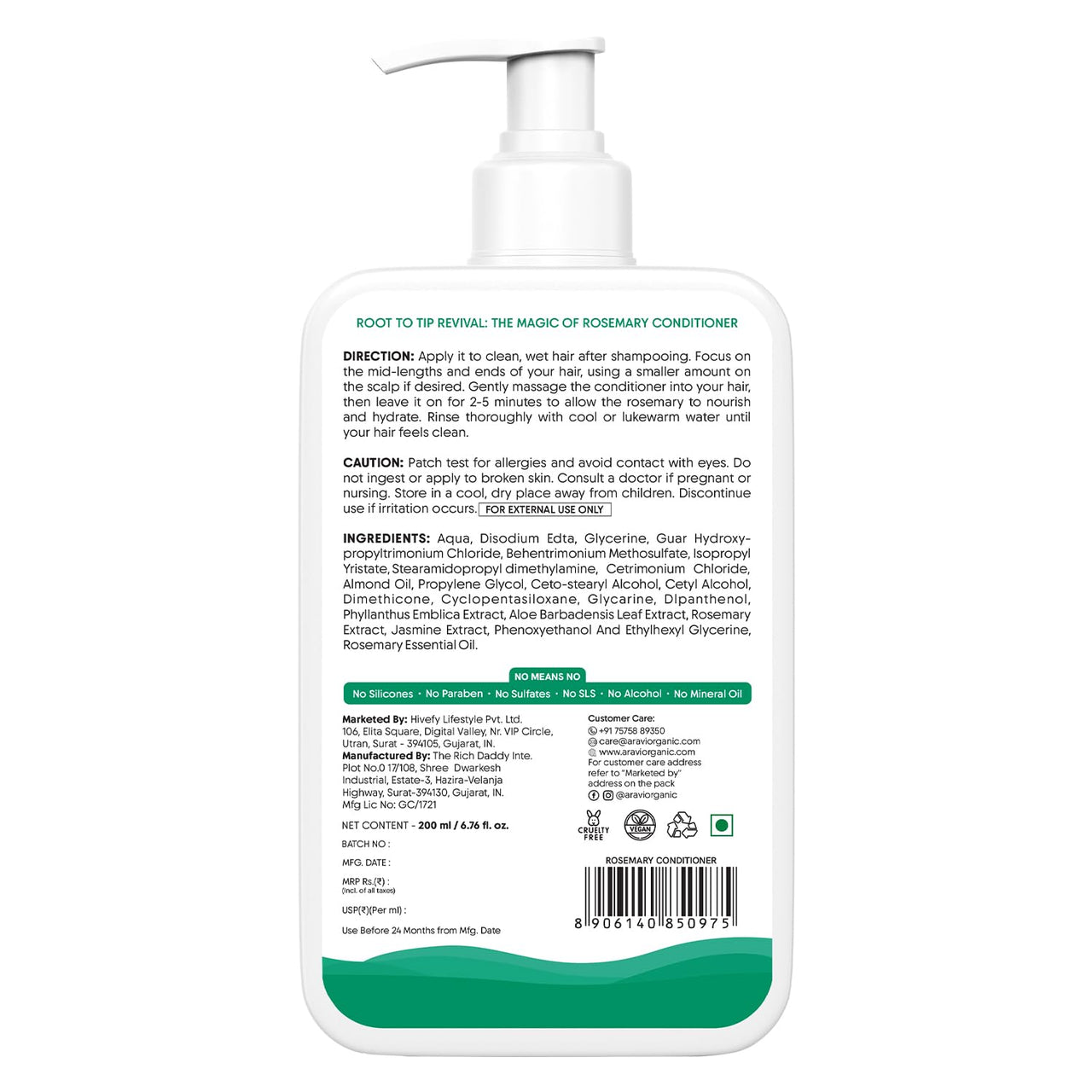 Aravi Organic Rosemary Hair Growth Conditioner - Enriched with Rosemary, Methi Dana & Hibiscus - For All Hair Types - For Men & Women - Sulfate & Paraben Free - 200 ml