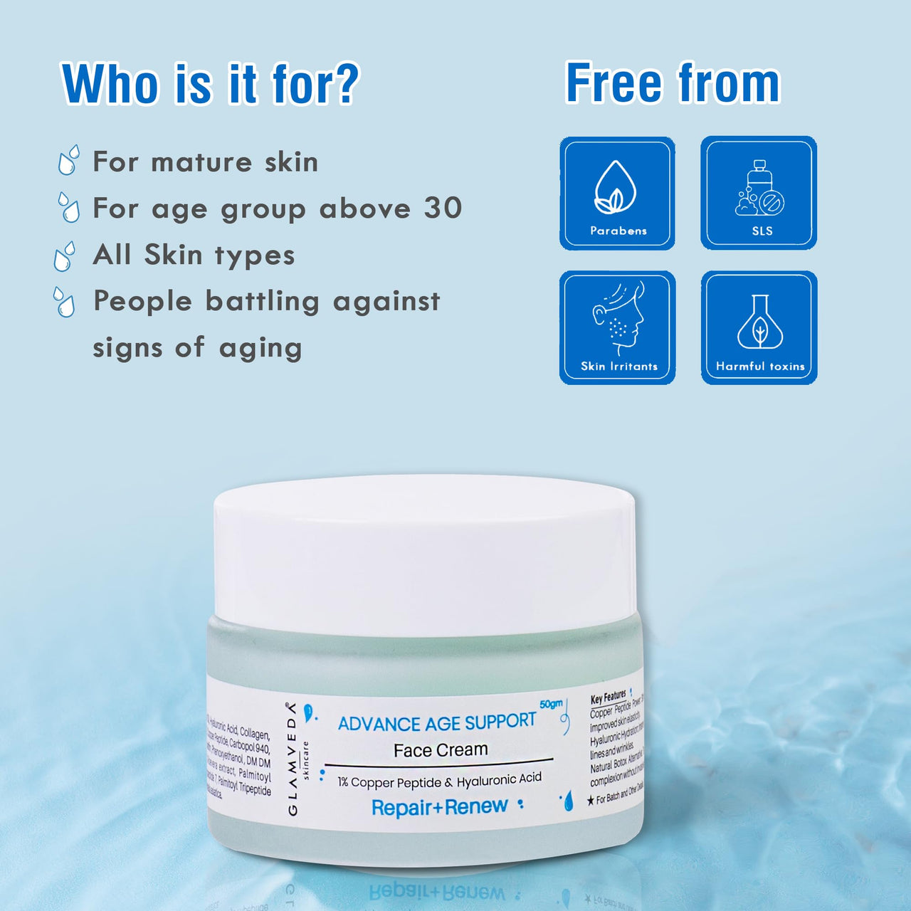 Glamveda 1% Copper Peptide & Hyaluronic Acid Face Cream | Reduces Fine Lines & Wrinkles Face Cream | Deep Moisturizing Face Cream | For All Skin Types, Men & Women - 50gm