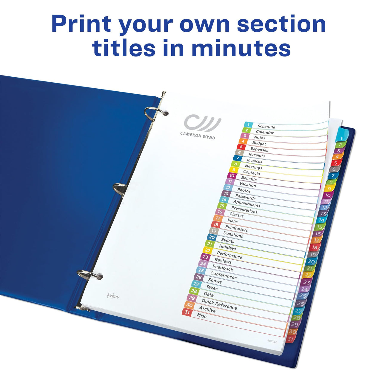 Avery 1-31 Tab Dividers for 3 Ring Binders, Customizable Table of Contents, Multicolor Tabs, 1 Set (11846)
