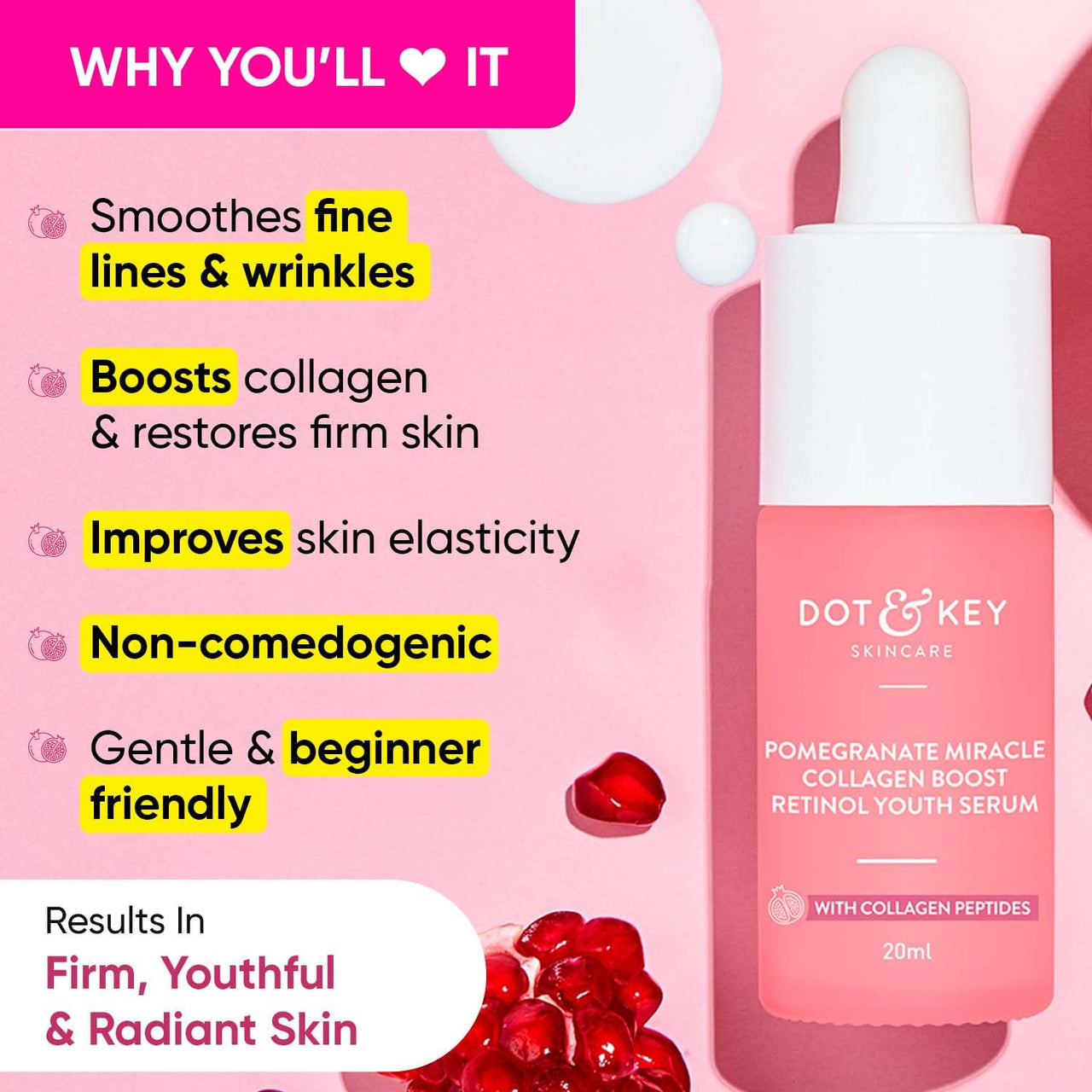 Dot & Key Pomegranate & Retinol Anti Ageing Serum for Face| Boosts Collagen | Reduces Fine Lines & Wrinkles| For Mature, Combination & Dry Skin | Fights Signs of Ageing, 20ml