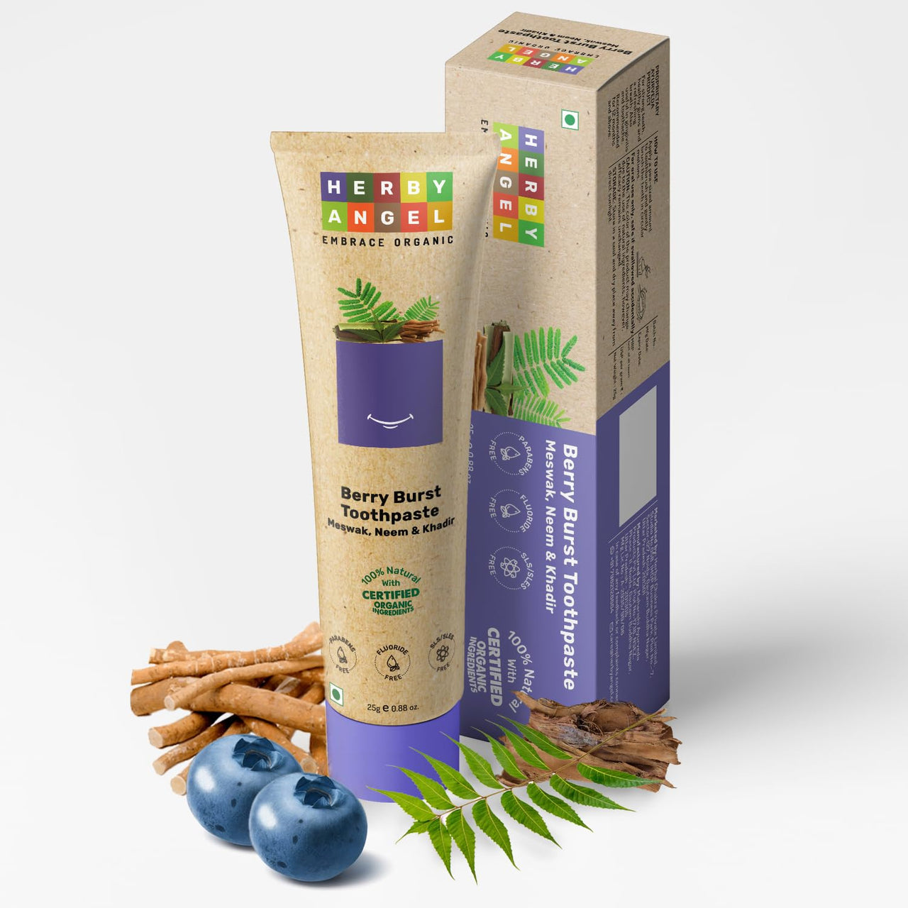 Herby Angel Baby Toothpaste Berry Burst - Herbal Kids Oral Care with Neem, Khadir & Meswak | Promotes Strong Teeth & Healthy Gums | Fluoride Free,Organic & Safe for Toddlers (25 GM) (Pack of 1)