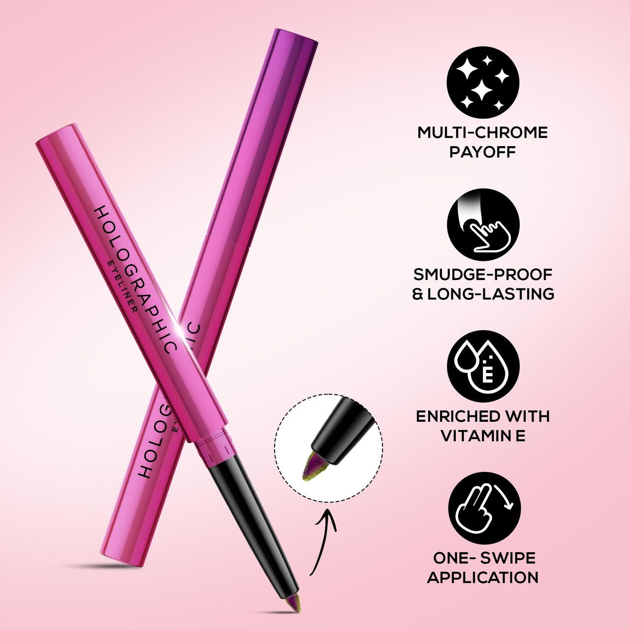 RENEE Holographic Crayon Eyeliner, Smudge-Proof,Shimmery Finish & Long-Lasting, Easy Glide & Quick-Drying Formula With Monochrome Effect, Intense Color Pay-Off, Infused With Vitamin E, 03 Venus, Pink