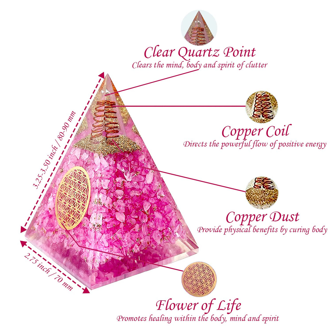 Orgone Pyramid | Rose Quartz Pink Orgonite Pyramid for Peace, Calm & Love | Healing Crystal Gemstone Pyramid | Orgone Pyramid Crystal - Handmade In India