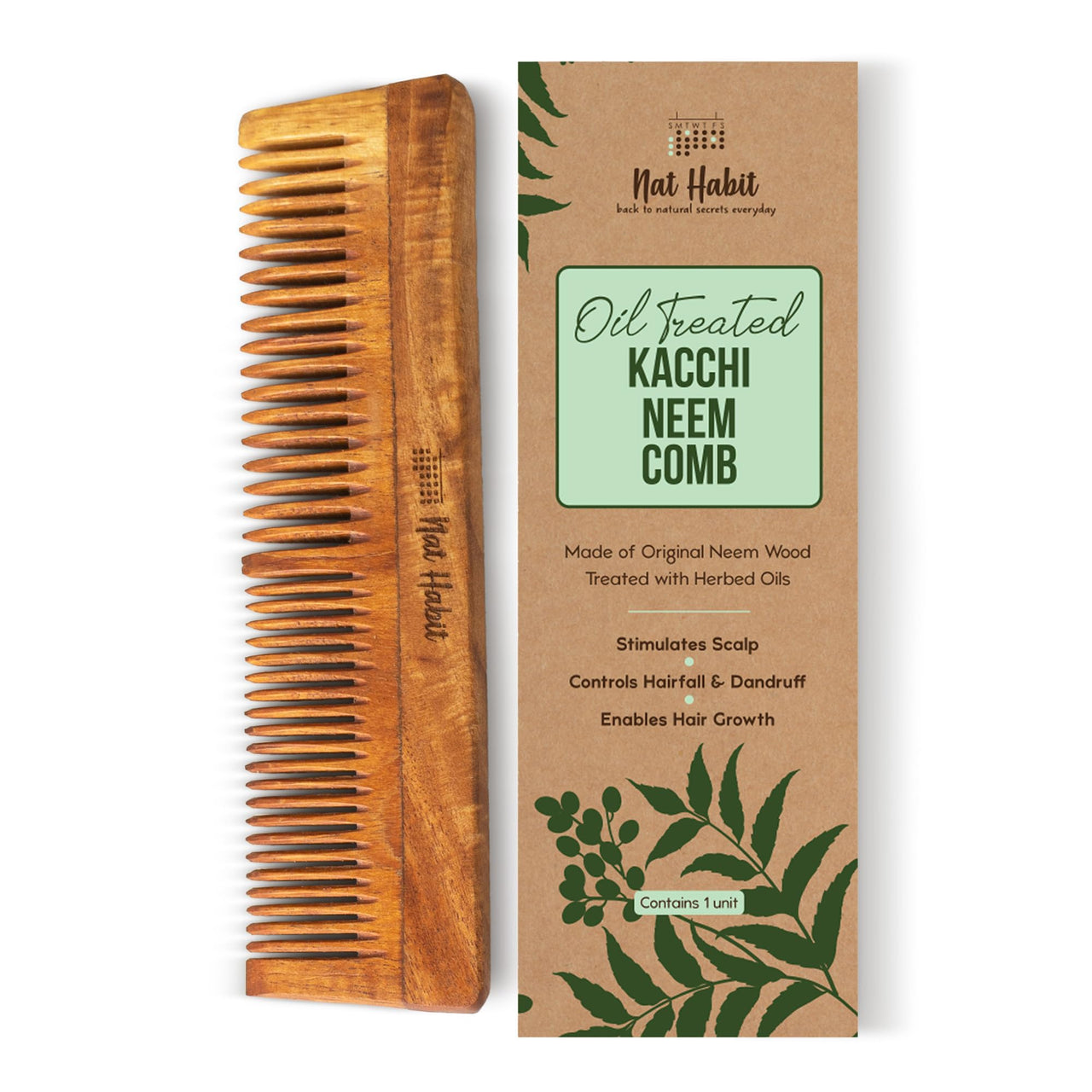 Nat Habit - Kacchi Neem Wooden Comb - Soaked In 17 Herbs Neem & Sesame Oil For Multi-Actions - Deta,Nat Habit Kacchi Neem Wooden Comb -Soaked In 17 Herbs Neem, Castor & Coconut Oil For Multi-Actions