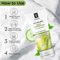 NutriGlow 8% AHA BHA Spot Correction Daily Face Wash, Gentle Exfoliating Formula with Cucumber, Glycolic Acid, All Skin Types For Men And Women (100ml) Pack of 2