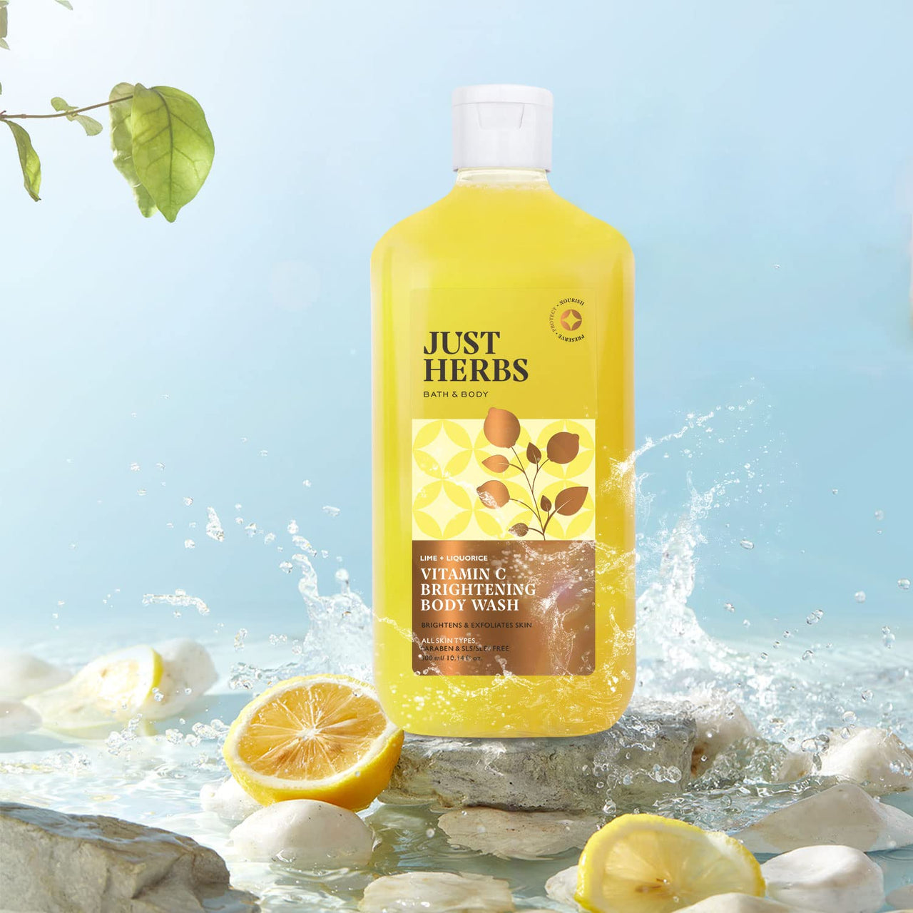 Just Herbs Vitamin C Brightening Body Wash with Lime and Liquorice for Men & Women | Hydrates Skin, Reduces Hyperpigmentation & Maintains pH Level | Suits All Skin Types- 300 ml