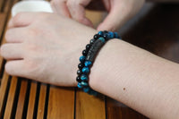 2Pcs Triple Protection Bracelet,Natural Tigers Eye Black Obsidian and Hematite 8 MM Beads Bracelet for Men Women Gift, Healing Crystal Bracelet Bring Luck and Prosperity and Happiness (Lake Blue) Lake Blue