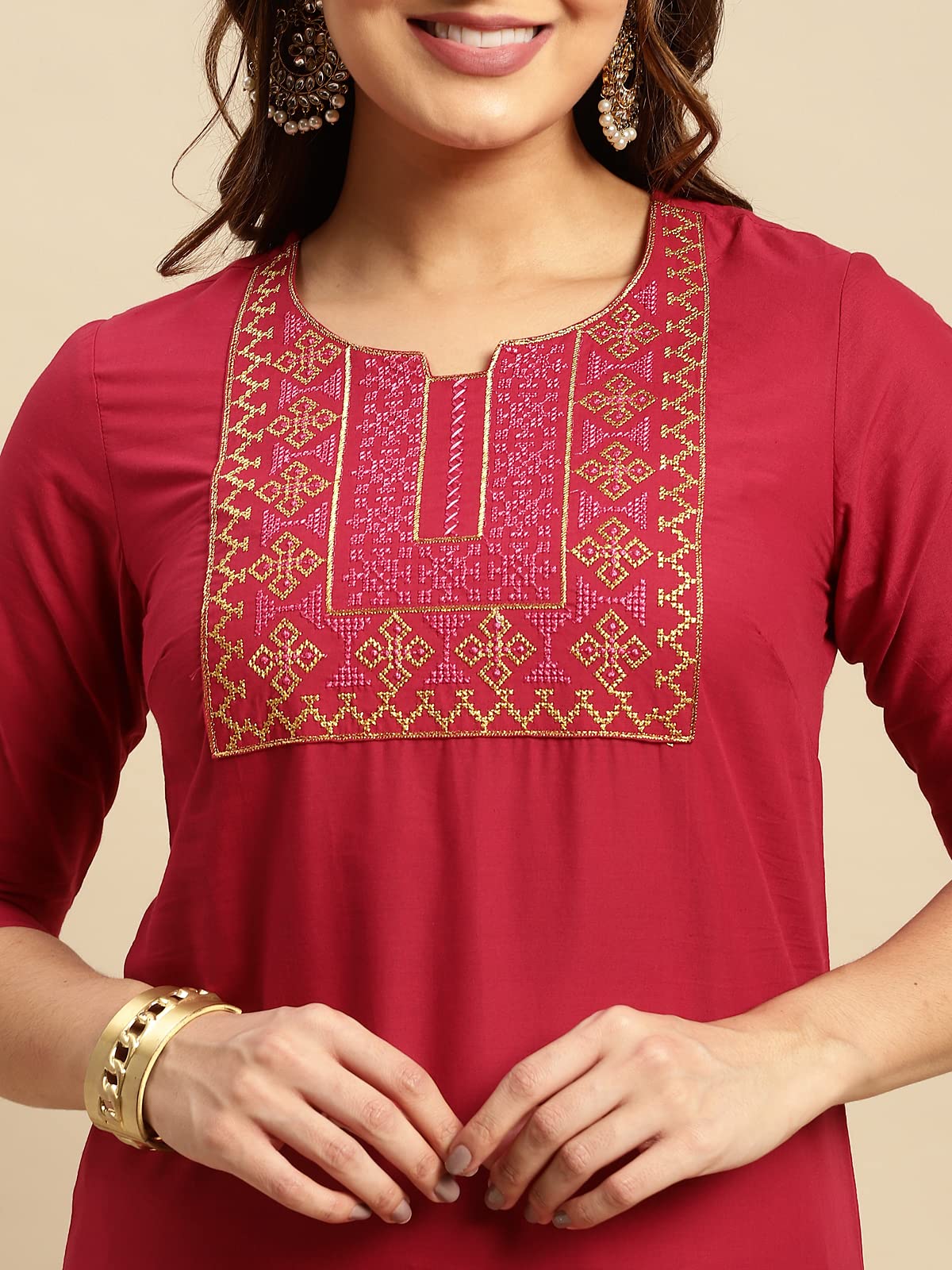 rangita Women 100% Cotton Yoke Zari Embroidered Knee Length Straight Kurti