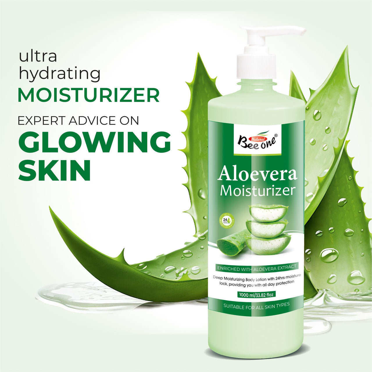 Bee One 24 Hr Aloevera Moisture Lock Body Lotion 1000ml | Hydrating Formula for Soft & Supple Skin, Long-Lasting Moisture & Nourishment | Suitable for all skin types