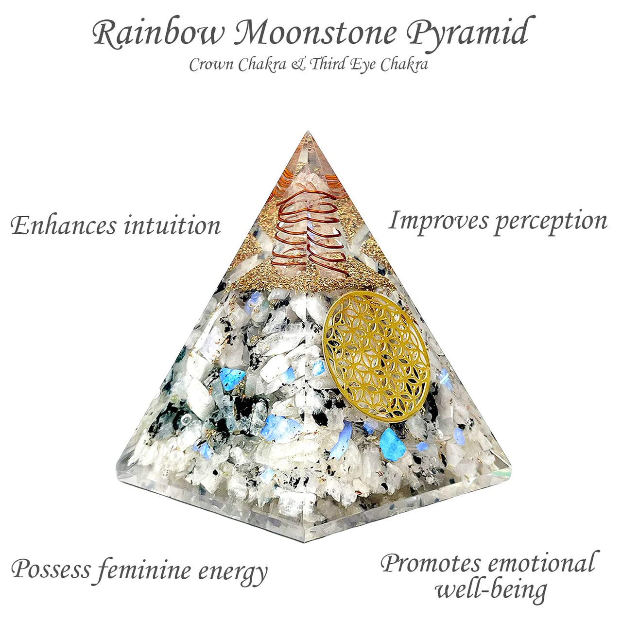 Orgone Pyramid | Rainbow Moonstone Orgonite Pyramid for Success, Anti-stress, Calmness, Growth, Strength | Healing Crystal Gemstone Pyramid | Orgone Pyramid Crystal - Handmade In India
