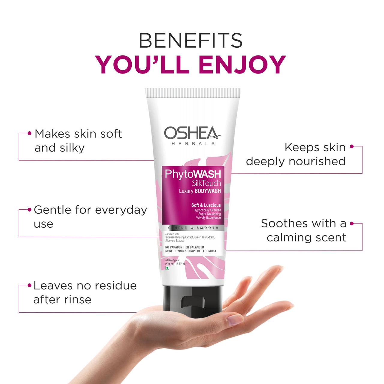 Oshea Herbals Phytowash Silk Touch Luxury Bodywash for All Skin Types | for Super Nourishing & Velvety Experience | Enriched with Siberian Ginseng, Green Tea & Aloevera Extracts 200 ml