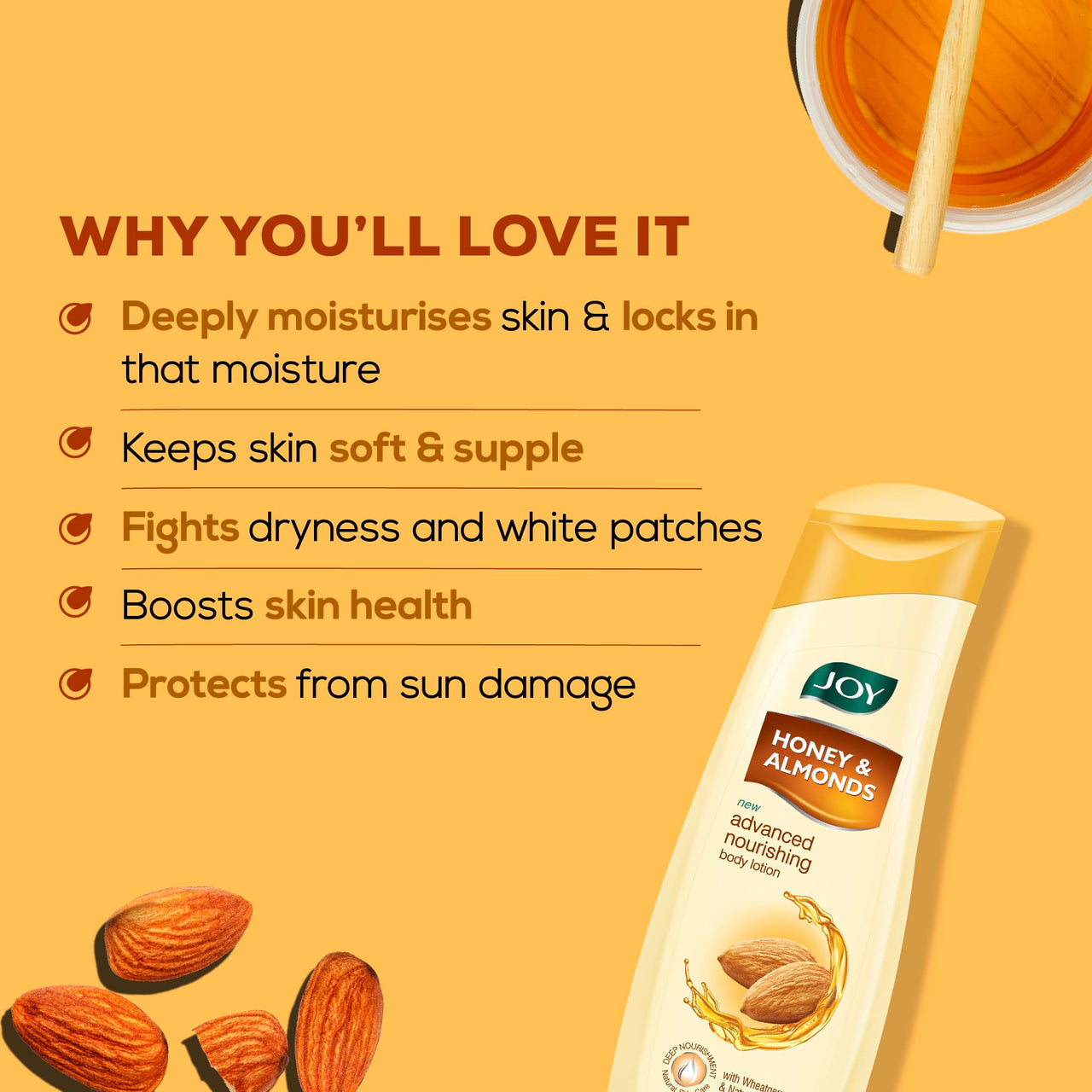 Joy Honey & Almonds Advanced Nourishing Lightweight Body Lotion 300ml With Shea Butter For Summers | Enriched with Natural Sunscreen Filters | Suitable for Normal to Dry Skin