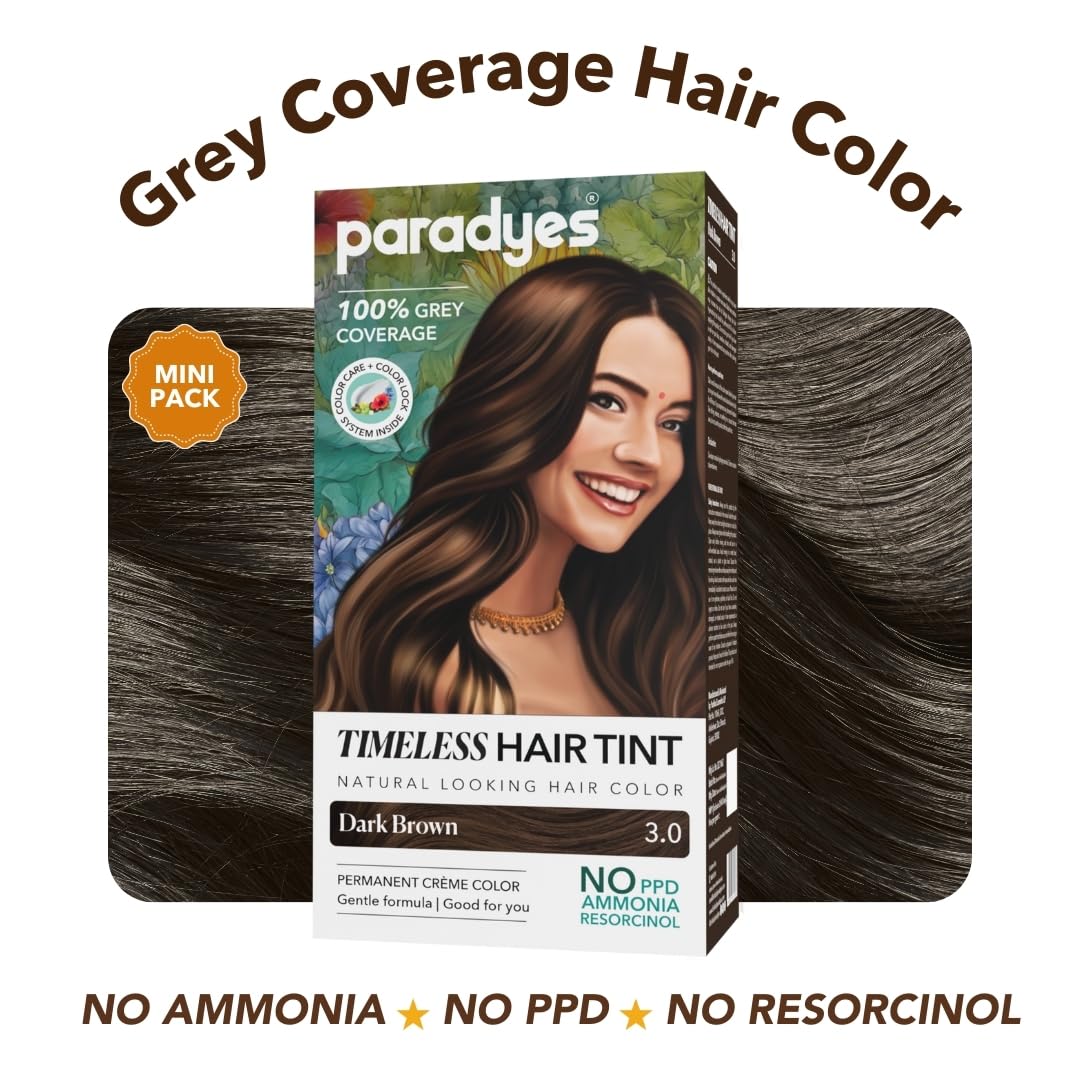 Paradyes Mini Dark Brown Timeless Hair Tint, Permanent Crème Hair Color for Hair & Beard, Complete Grey Coverage, Formula Free from PPD, Ammonia, & Resorcinol, 3.0 Dark Brown, 60 GRAM