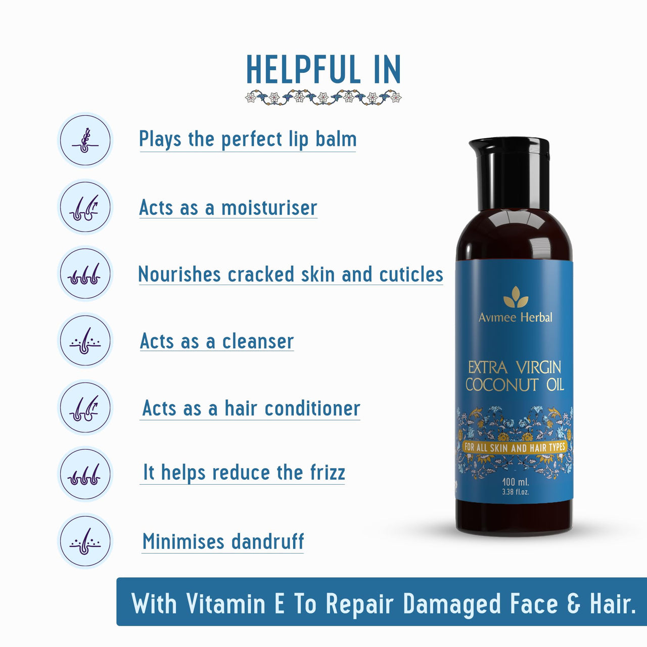 Avimee Herbal Cold Pressed Extra Virgin Coconut Oil | For Deeply Moisturized Skin & Hair | Enriched With Vitamin E | Mineral Oil Free | 100 ml