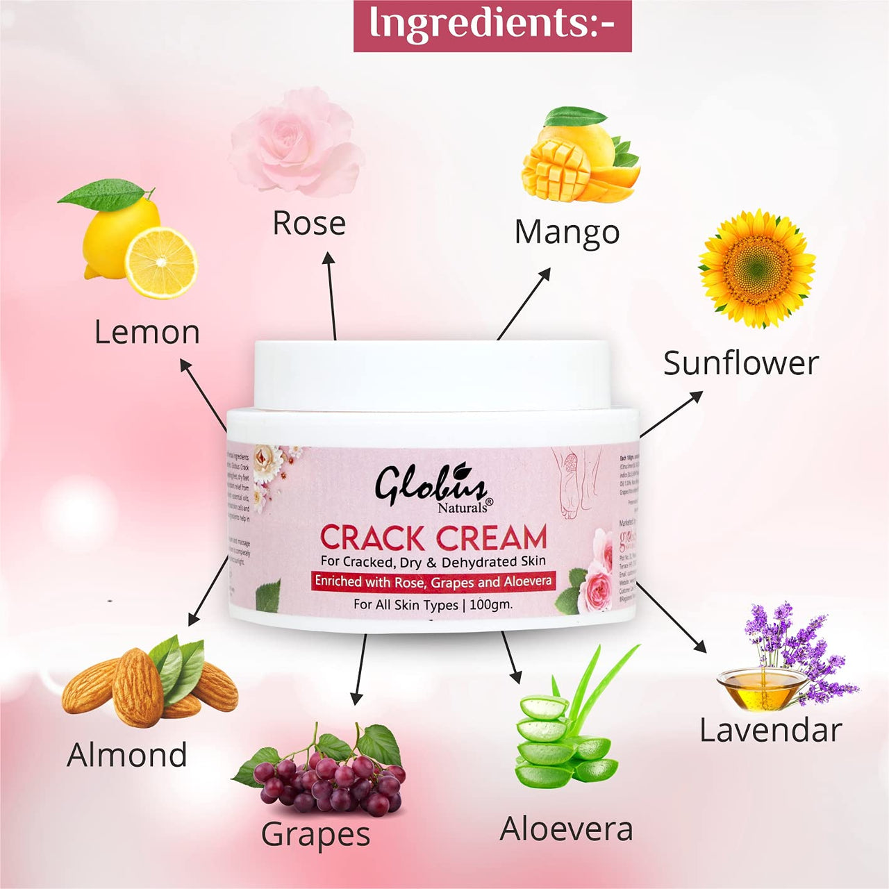 Globus Naturals Crack Cream for Dry Cracked Heels & Feet, Enriched with Aloevera, Grapes, Rose, Almonds, Lavender, 100g