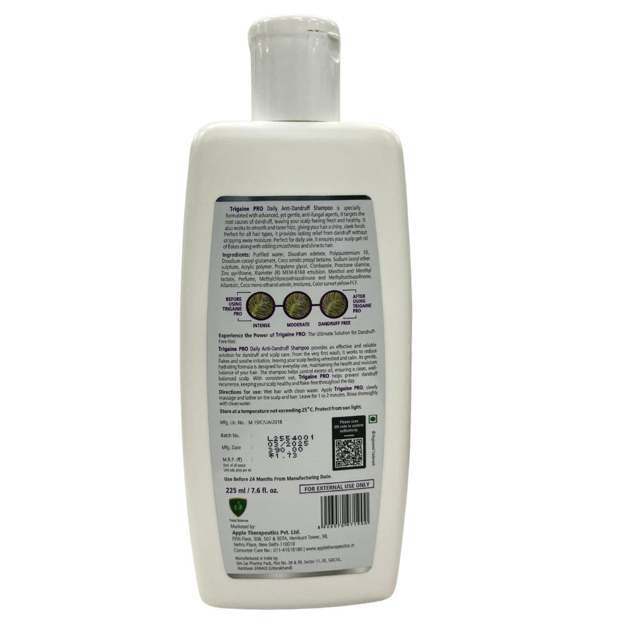 Trigaine PRO Daily Anti-Dandruff Shampoo 225 ml | Dermatologically Tested | Reduces Itching, Flaking & Scalp Irritation with Climbazole, Piroctone Olamine & ZPTO | Salicylic Acid Free Formula