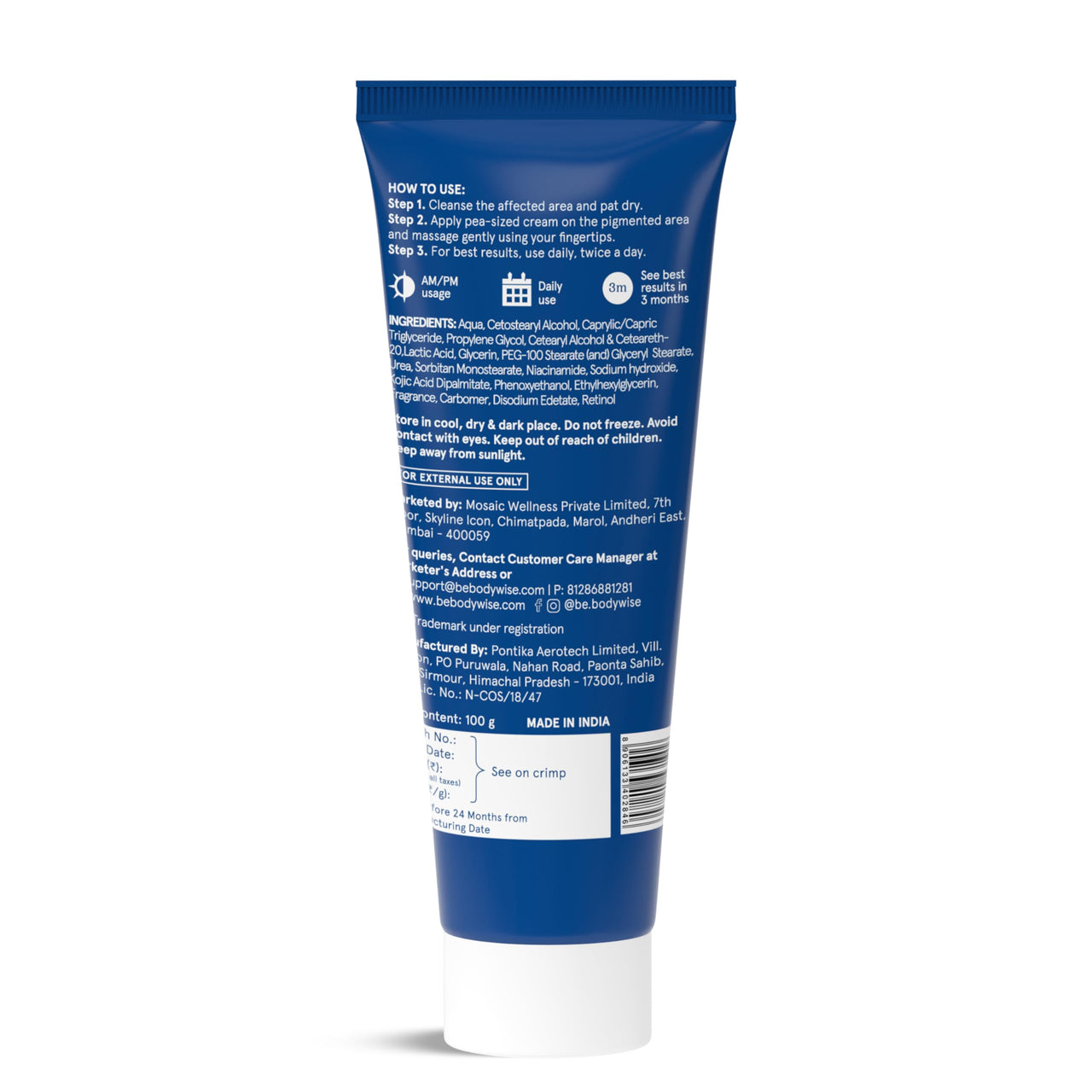 Be Bodywise Pigmentation Cream 100gm | 2.5% Lactic Acid, 2% Urea, Retinol & Kojic Acid | Reduces Tan, Pigmentation & Evens Skin Tone | Treats Dark Patches & Rough Skin on Elbows, Knees, Back of Neck & Thighs | For Daily Use