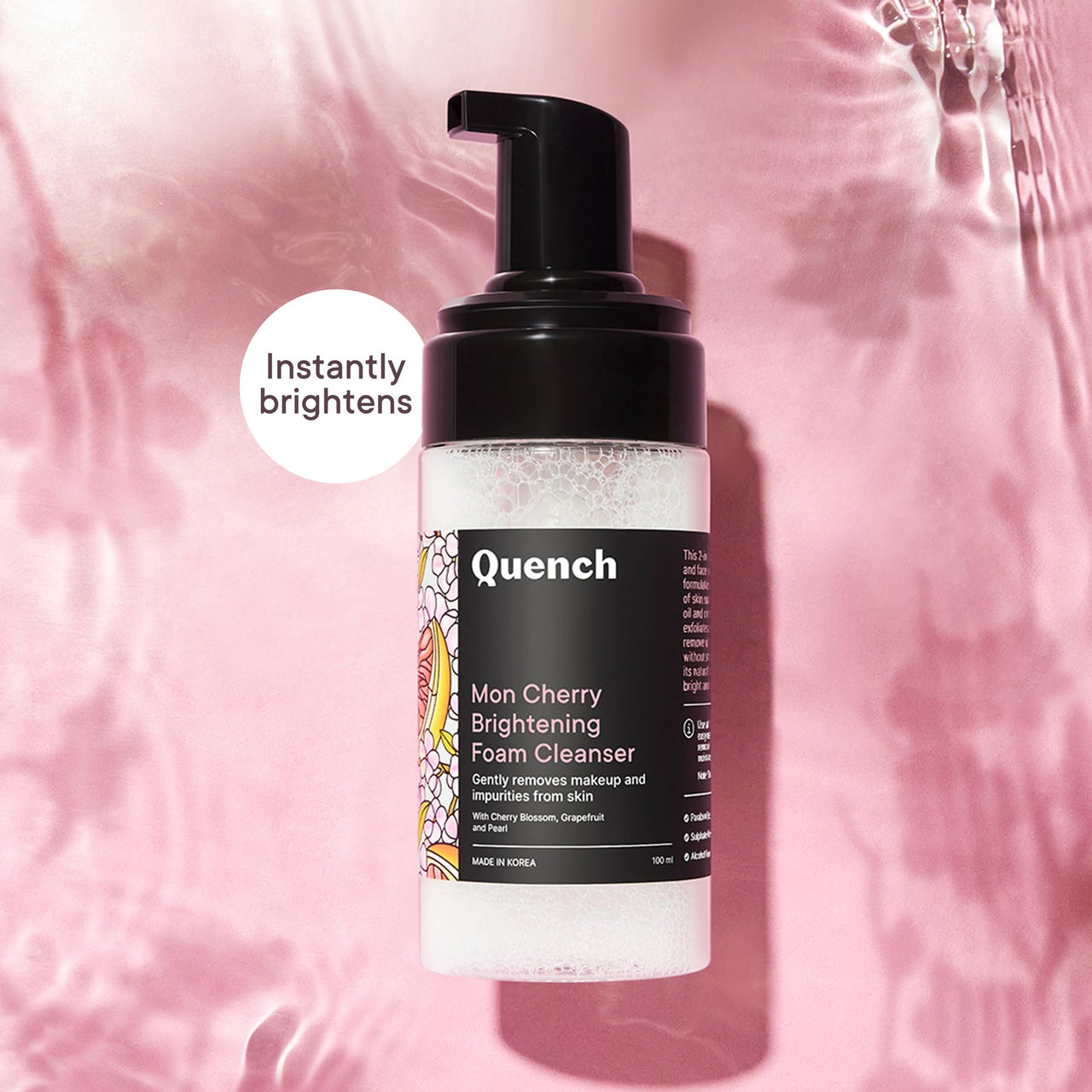 Quench Brightening Foam Cleanser with Cherry Blossom Radiance | Korean Face Wash for Glowing Skin | Removes Makeup, Dirt & Impurities | Brightens Dull Skin | Made in Korea (100ml)